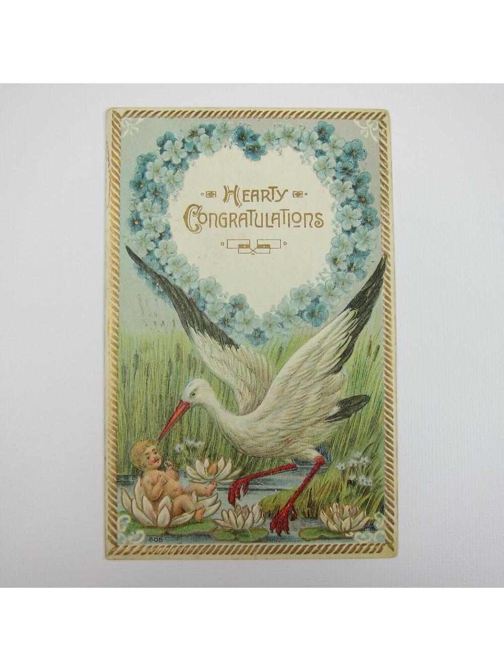 Postcard Birth Announcement Blonde Baby Boy Lily Pad Stork Antique 1912 Embossed